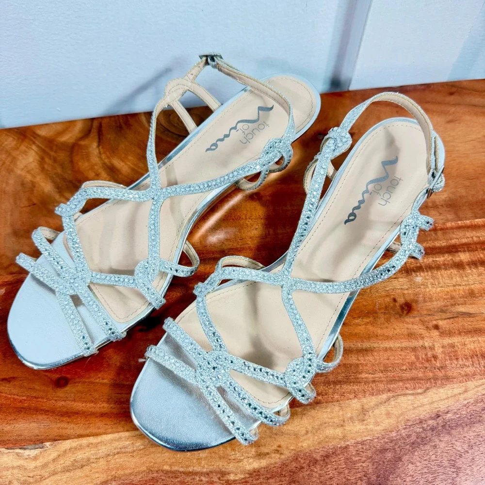 Touch of Nina Farida1 Silver Rhinestone‎ Dressy Wedge Sandals Womens 8.5 M